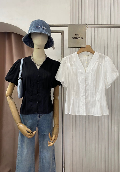 Puff Sleeves V-neck Casual Embroidered Tops